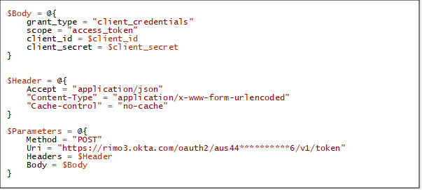 A screenshot of how to create the Body, Header and Parameters to obtain an Access Token in PowerShell.