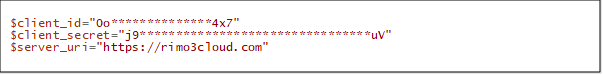 A screenshot of how to assign and AppID, Client Secret, and Server URI to variables in Powershell.